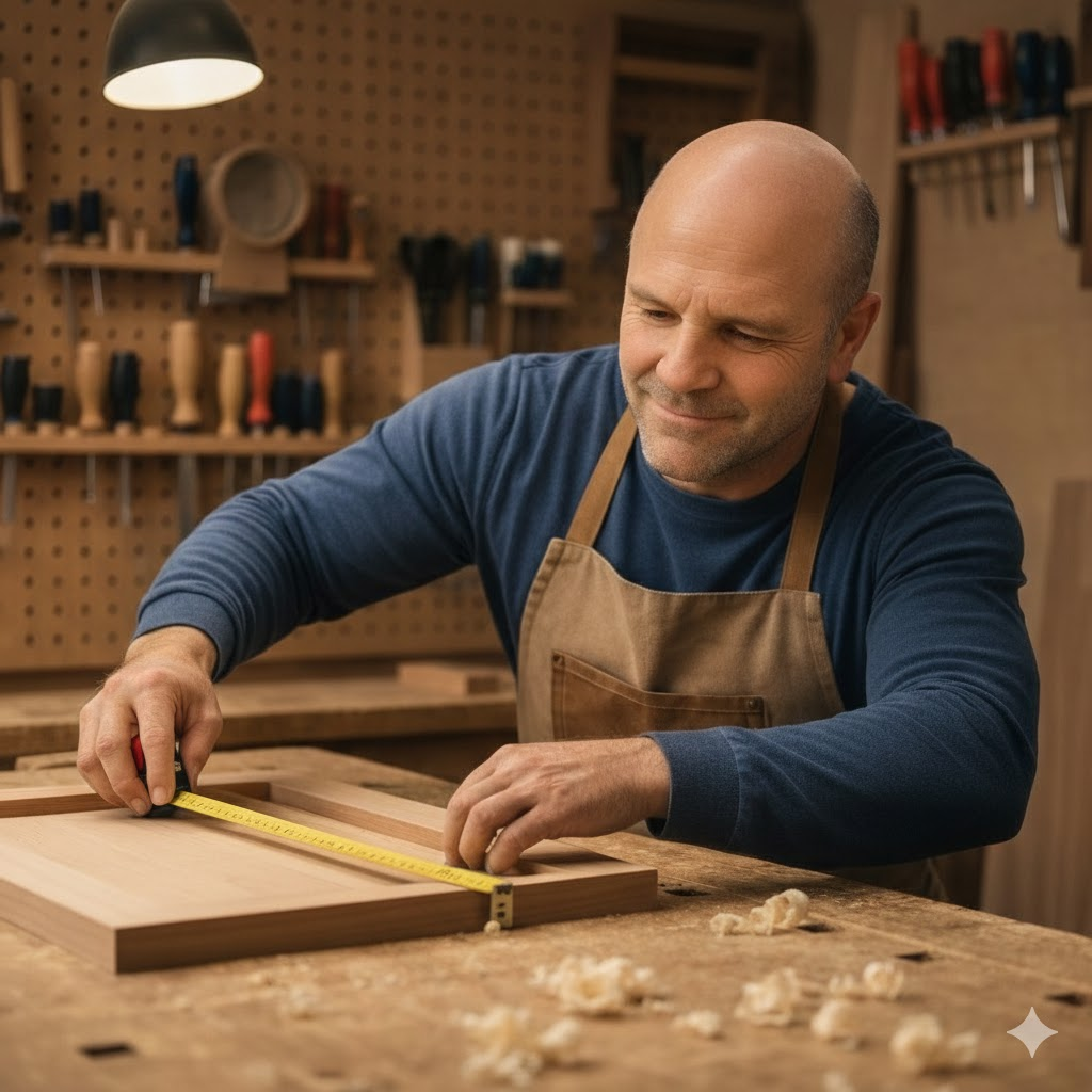 Jeff Bellows measuring custom cabinetry in workshop